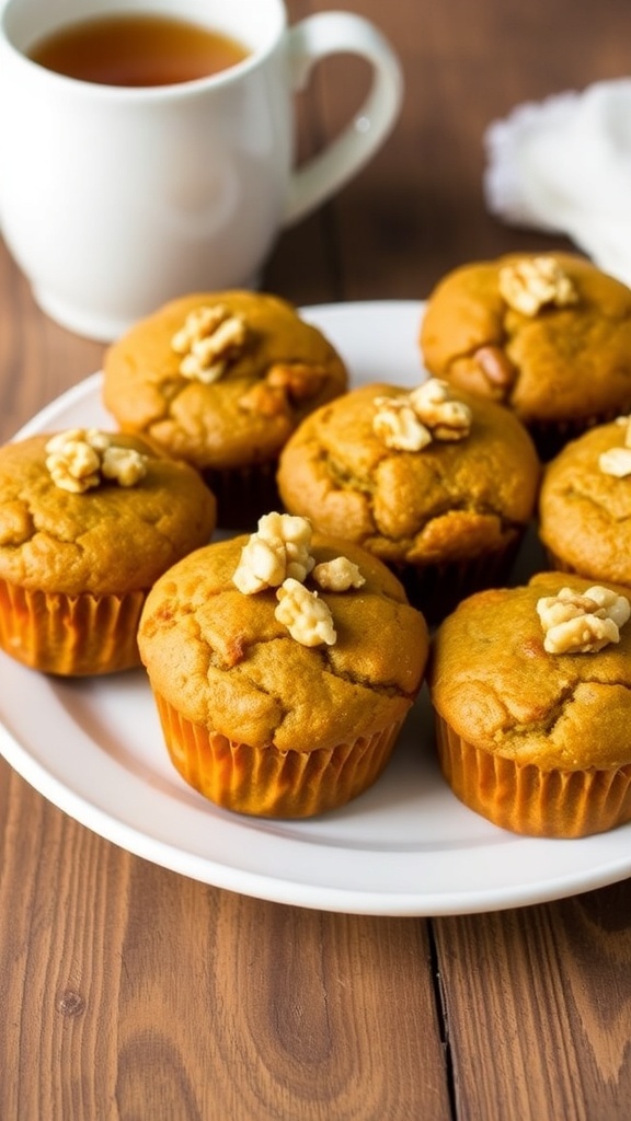 A plate of golden brown carrot zucchini muffins with walnuts, showcasing a healthy snack option.